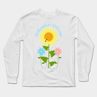 Pollinators Welcome with Sunflower, Daisy, Cosmos, Butterfly, and Bee Long Sleeve T-Shirt